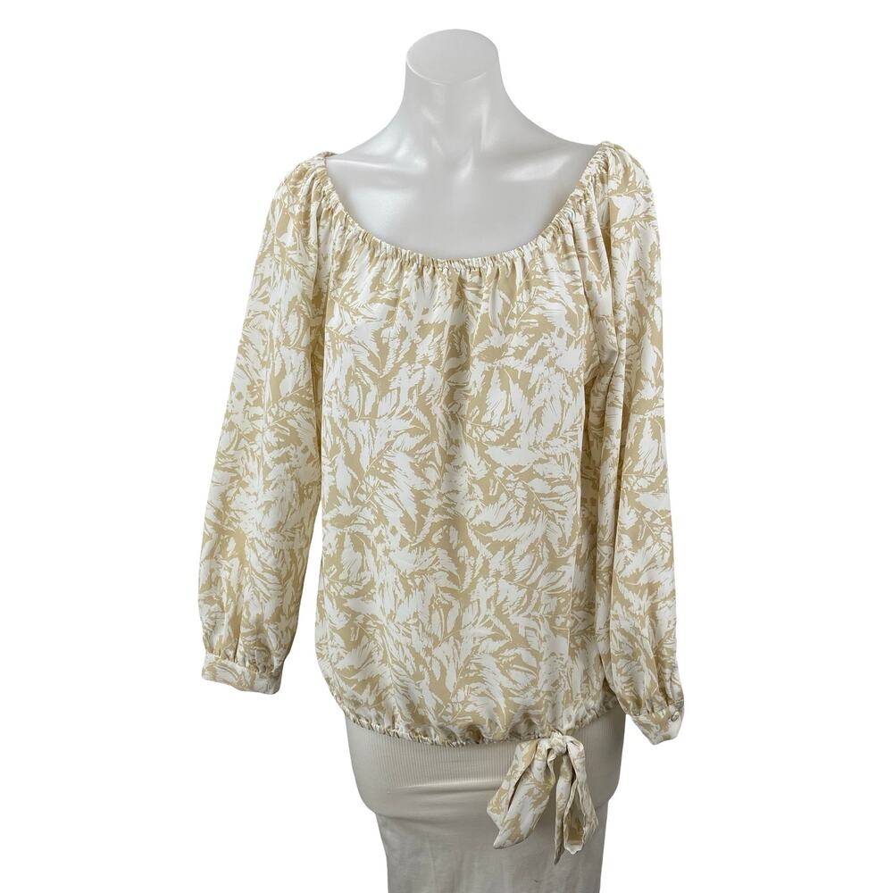 Vince Camuto Beige White Leaf Long Sleeve Scoop Neck Shirt Blouse Top Size L